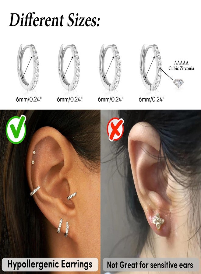 Gokeey 4 Pairs Sterling Silver Small Hoop Earrings Set Tiny Lightweight Cubic Zirconia Cuff Huggie Earrings Mini Hoops Cartilage Silver Piercing Jewelry for Women - Image 3